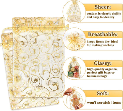 Sukh 100pcs Organza Bags 5''x7'' - White Sheer Mesh Drawstring Bags for Jewelry, Soap, Fruits, Candy, Small Gift Bags for Weddings, Valentine's Day, Mother's Day, Halloween, Thanksgiving, Christmas