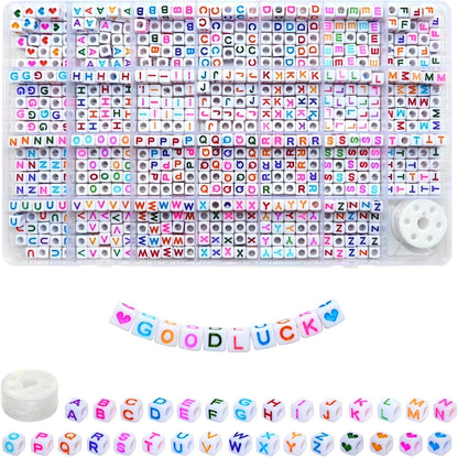 Amaney 1400pcs Glow Letter Beads, Heart Beads Whit Elastic Beading Cord,4x7mm Round Acrylic Alphabet Beads for Friend Bracelet Jewelry Making