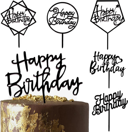 6-Pack Gold Cake Topper Set, Double-Sided Glitter, Acrylic Happy Birthday Cupcake Toppers, Birthday Decorations for Children or Adults.