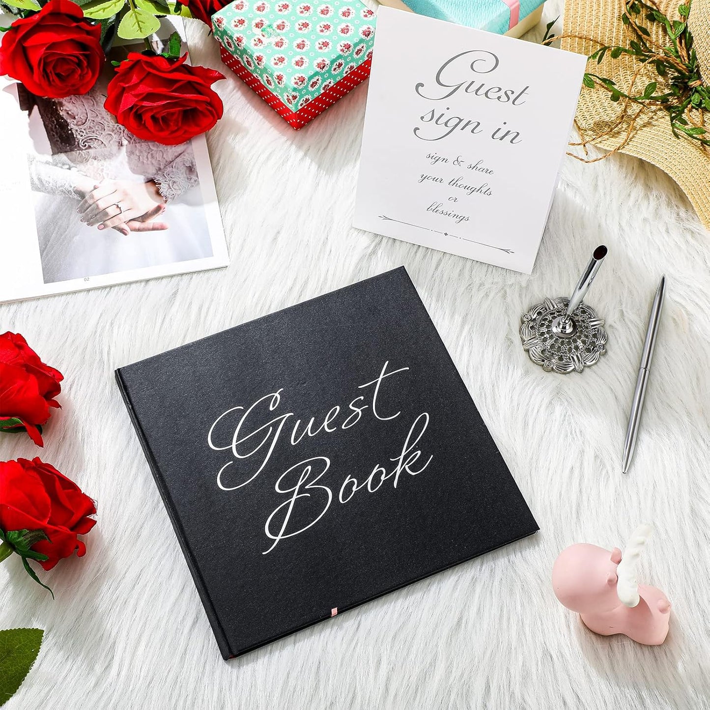 Wedding Guest Book with Pen and Table Cards, 9 x 9 Inch Guest Book Wedding Reception 50 Sheets Sign in Book Wedding Memory Book for Wedding Party Bridal or Baby Shower Guest Visitor (Elegant Style)