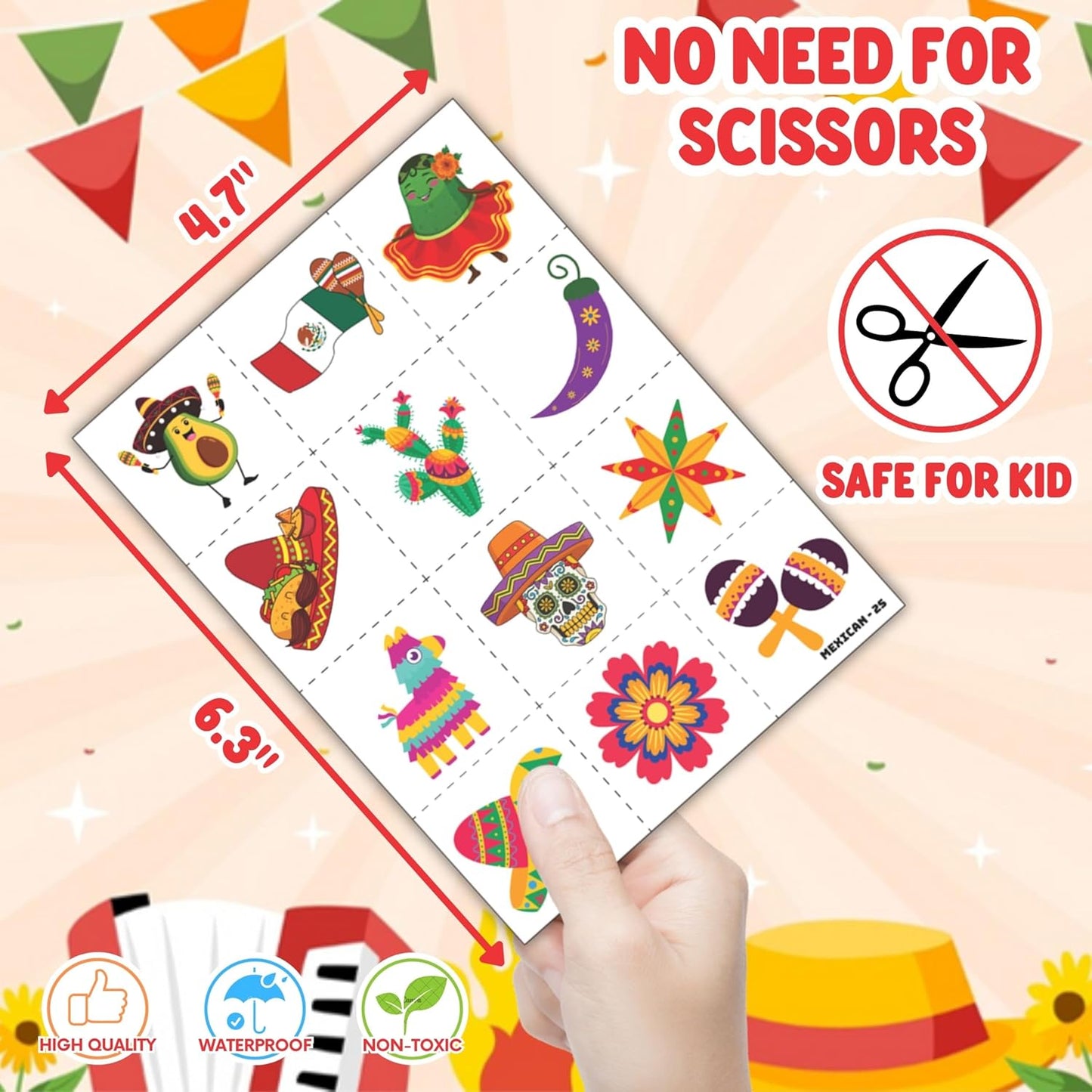 Cherisnowy 72PCS Cinco de Mayo Party Favor Set - 48PCS Temporary Pre-cut Tattoos & 24PCS Slap Bracelets - Mexican Fiesta Birthday Supplies, Baby Shower Gifts, Classroom Rewards & Party Decor for Kids