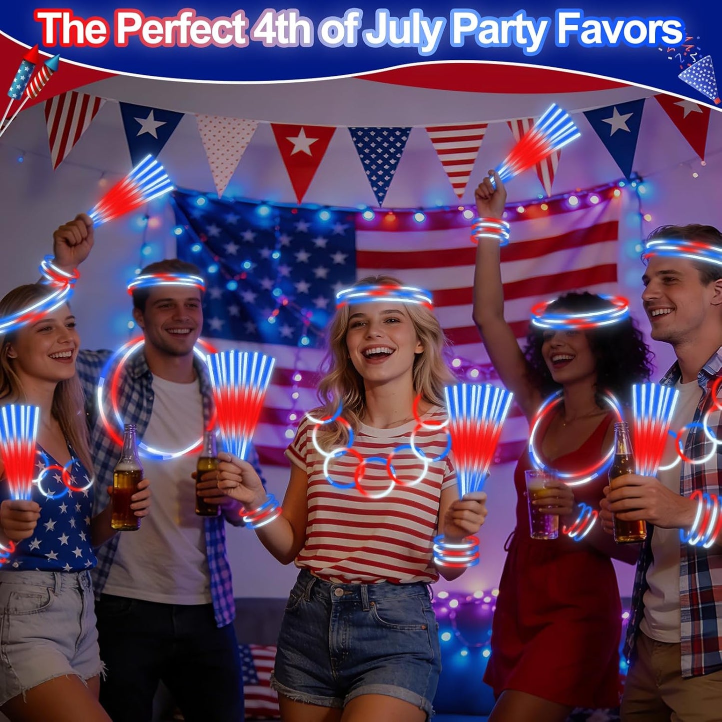 100 Pcs 4th of July Party Favors Glow Sticks with Connectors,Patriotic Glow Stick Red White Blue 3 in 1 Glow Bracelets and Necklaces 4th of July Accessories for Independence Day 250th Anniversary