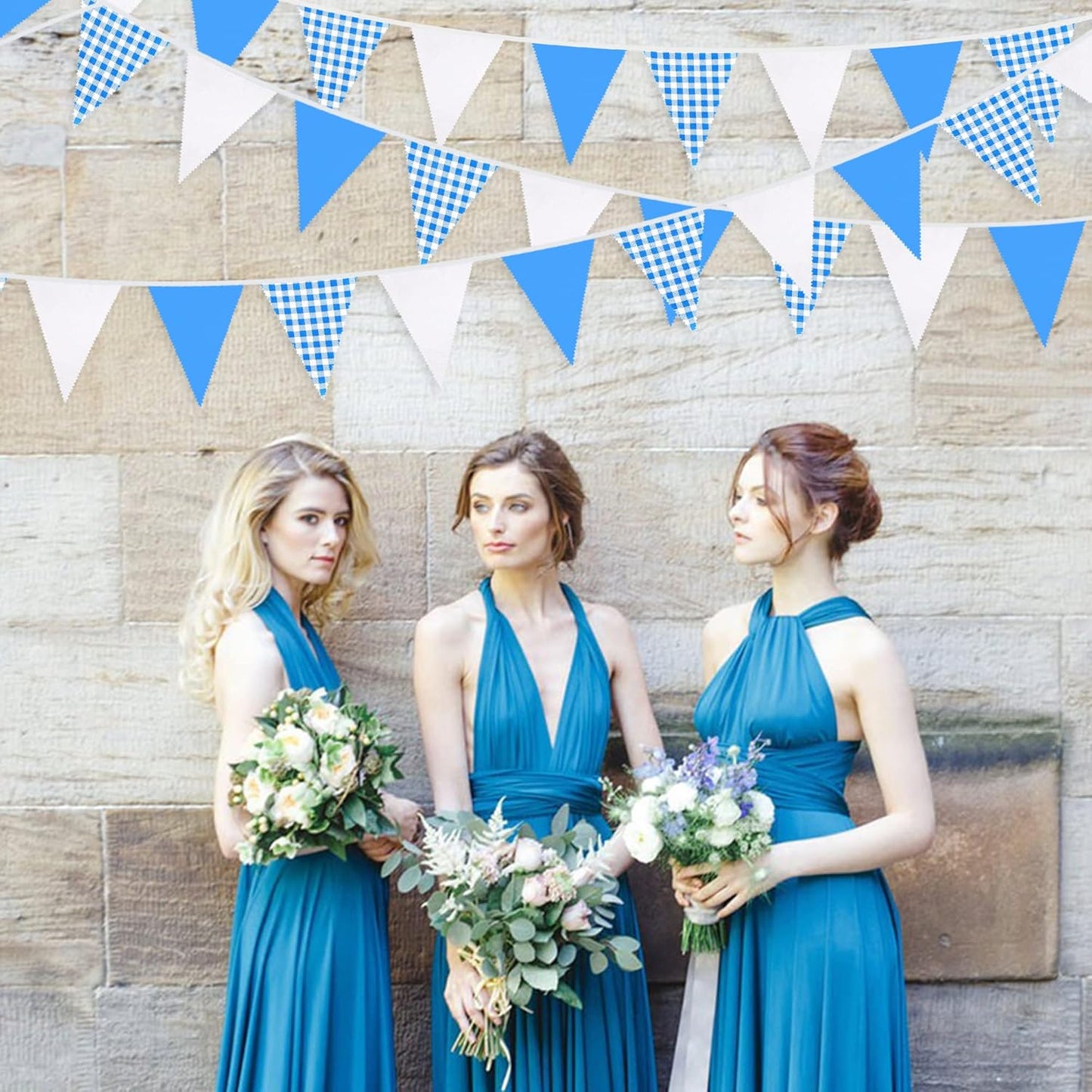 32Ft Dusty Blue Party Decorations Retro Blue Gingham Triangle Banner Flag Pennant Fabric Garland Streamers for Nautical Wedding Birthday Ahoy Achor Bridal Baby Shower Under The Sea Decor Supplies