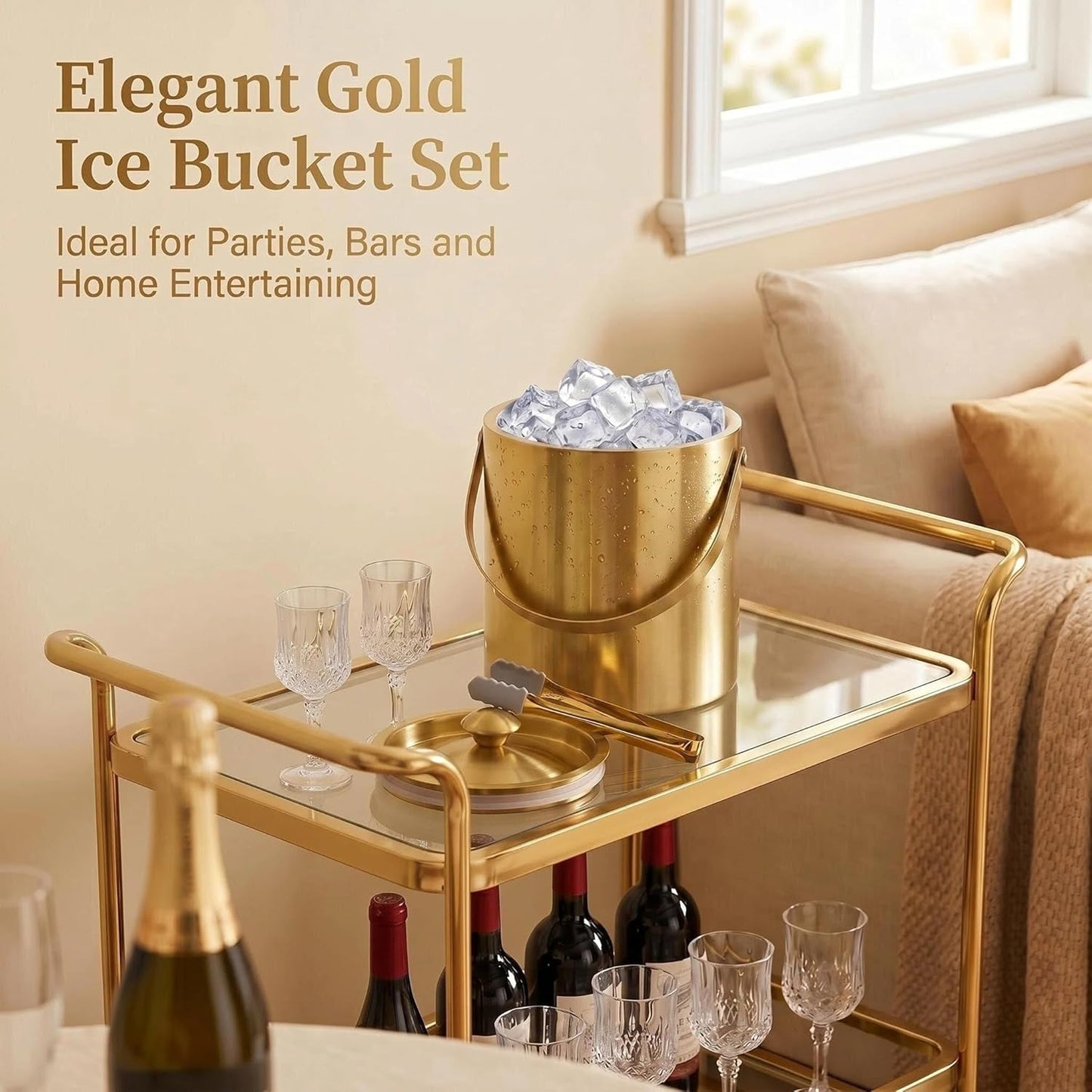 Gold Ice Bucket with Lid, Handle and Tong Insulated Stainless Steel Champagne Bucket 3L Wine Bucket for Party Bar Cart Accessories Large Double Wall Bucket Keep Frozen