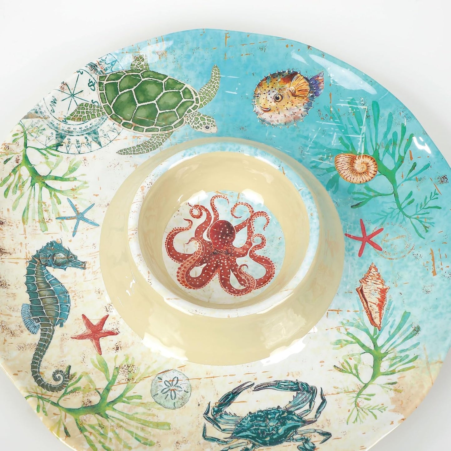 UPware Sea Life Melamine Chip and Dip Serving Tray, Round Serving Platter for Chips, Salsa, Fruit, and Snacks, Multicolor, 13.5 Inch