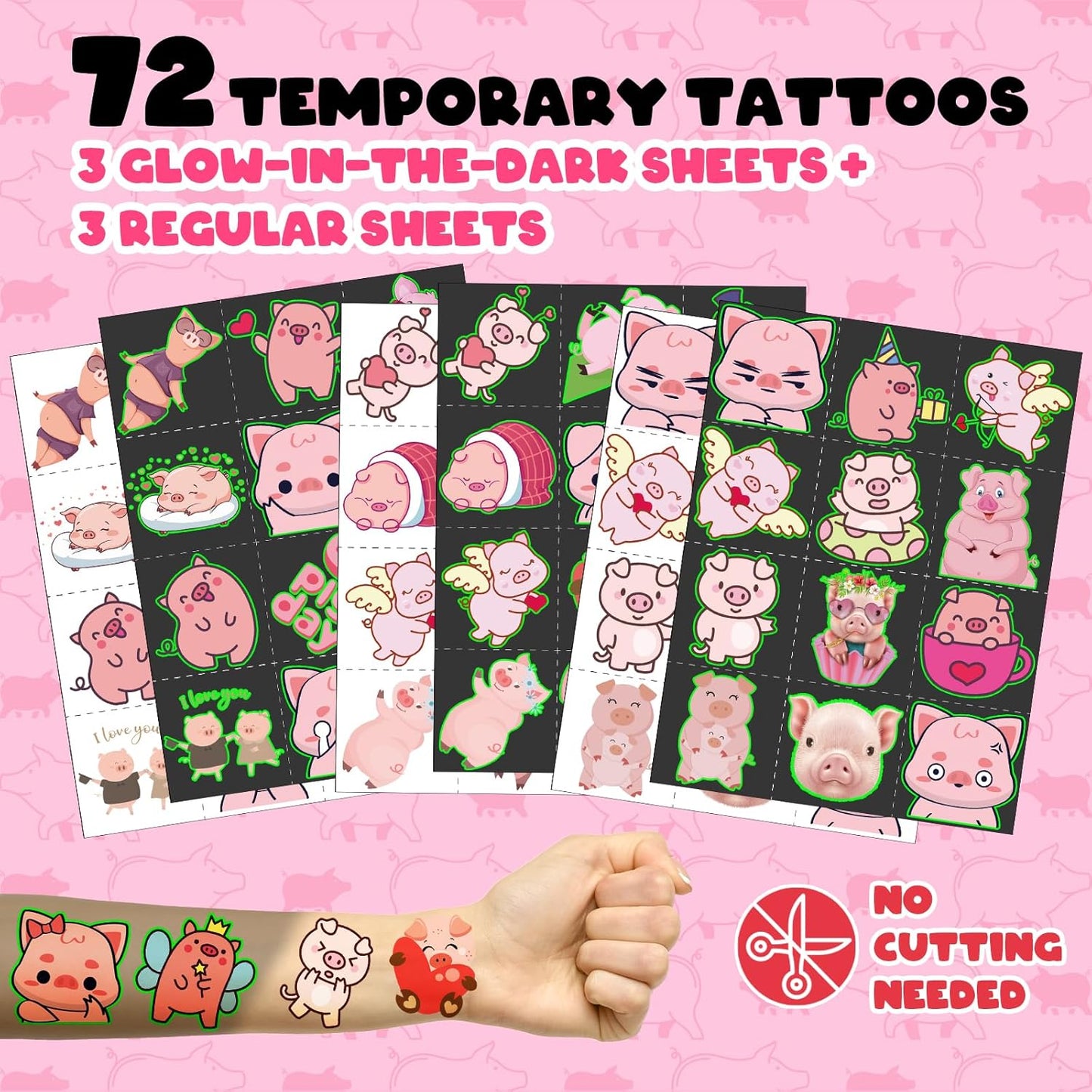96 PCS Pig Party Favors Set – 72 Pre-Cut Temporary Tattoos & 24 Slap Bracelets for Kids, Cute Farm Birthday Decorations, Barnyard Party Supplies & Classroom Rewards