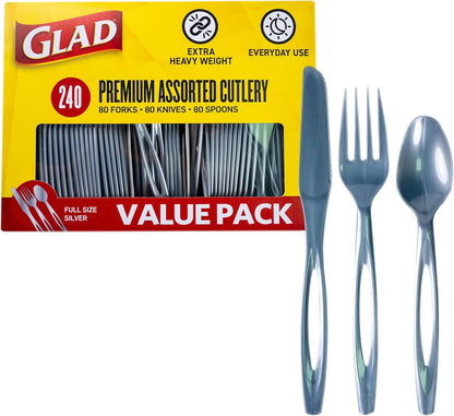 Glad Clear Disposable Cutlery Set with Heavy Duty Plastic Forks, Knives, and Spoons, Reusable Dishwasher Safe Plastic Utensils for Parties and Everyday Use, 240 Count
