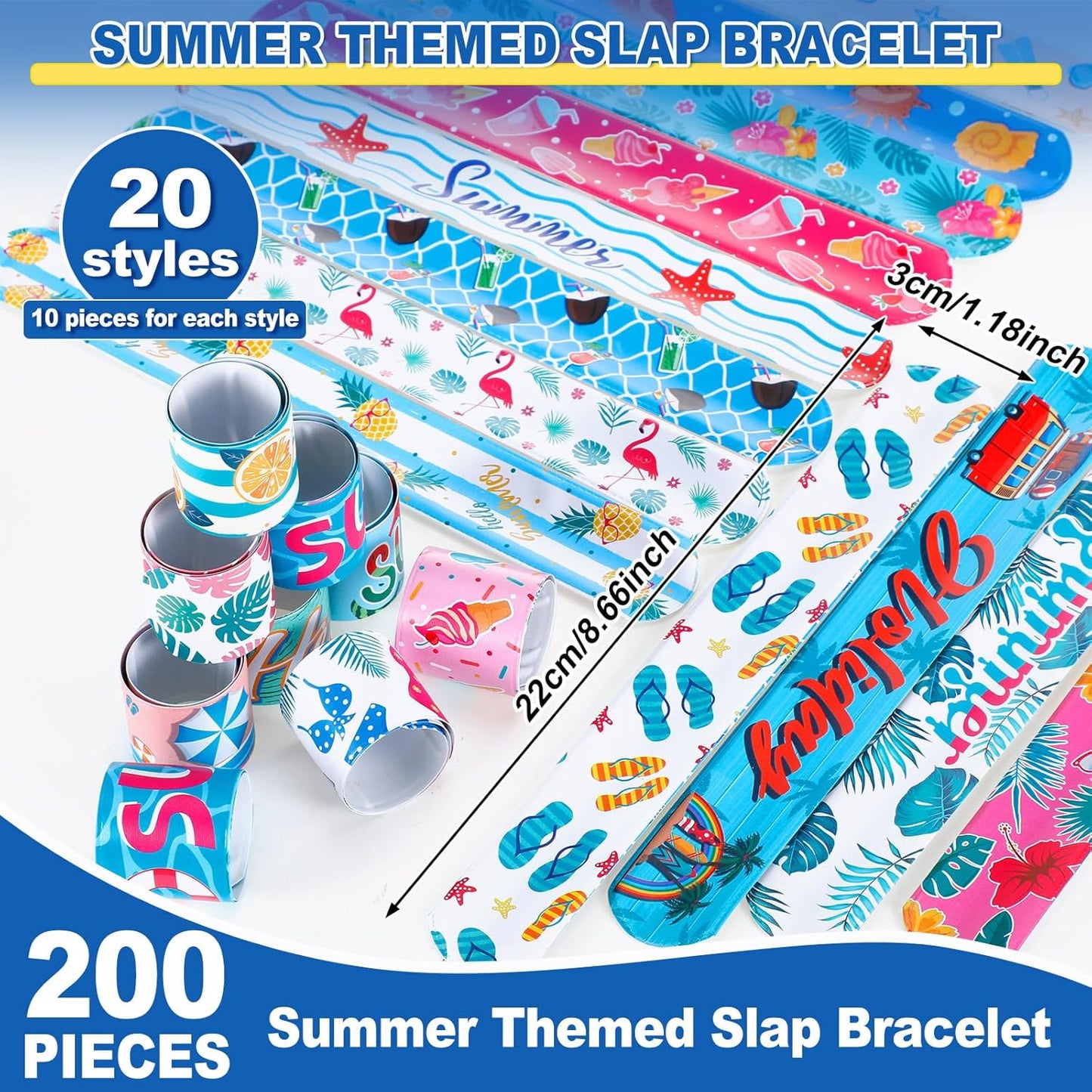 200 Pcs Summer Slap Bracelets Bulk Hawaiian Theme Slap Bracelets Beach Ocean Theme Snap Wristband Tropical Luau Party Favors for Birthday Classroom Prizes Exchanging Gifts