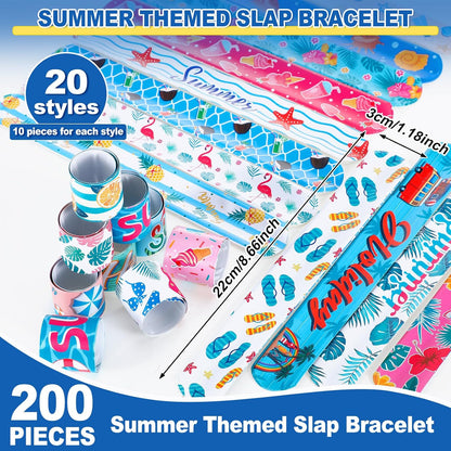 200 Pcs Summer Slap Bracelets Bulk Hawaiian Theme Slap Bracelets Beach Ocean Theme Snap Wristband Tropical Luau Party Favors for Birthday Classroom Prizes Exchanging Gifts