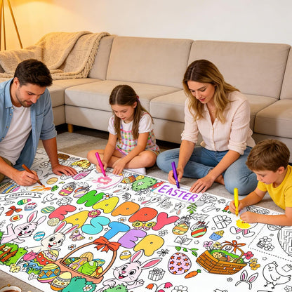 Kids Coloring Tablecloth, Easter Bunny Egg Chick Theme Paper Coloring Poster, 31 x 72 Inch Spring Holiday Coloring Activity Party Table Cover