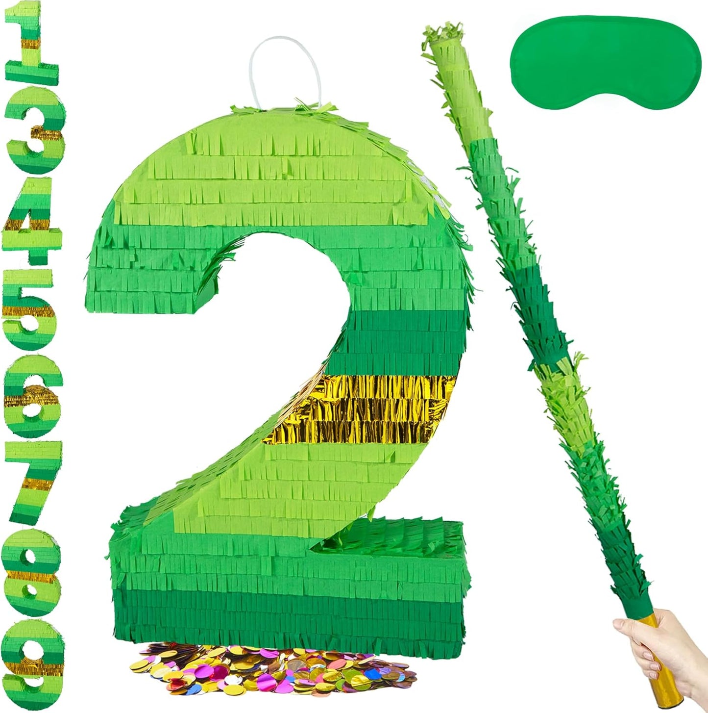 PCFING 20 Inch Number 1 Piñata Green Gold with 30 Inch Piñata Stick Blindfold Confetti for Boy Girl Adults Birthday Party Decorations, Anniversary Celebration, Fiesta