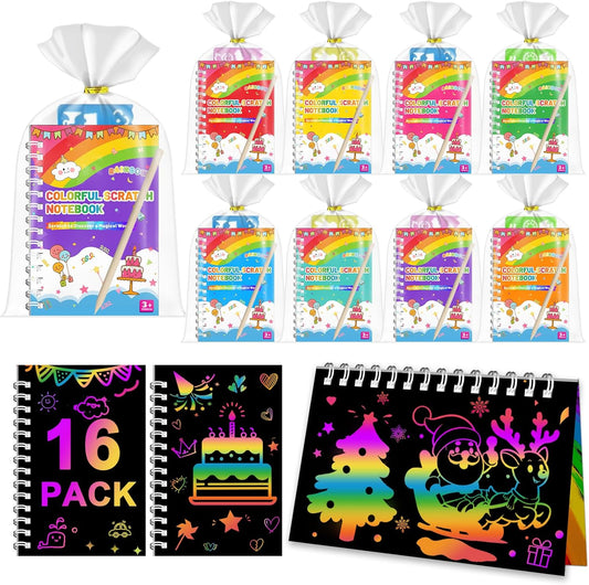 iooo Party Favors for Kids: 16 Pack Scratch Art Notebooks with Rainbow Colors, 2-in-1 Coloring & Scratch Books, Bulk Birthday Gifts, Goodie Bags, Classroom Prizes for Boys & Girls