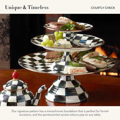 MACKENZIE-CHILDS Enamel Pedestal Platter, Round Cake Stand, Large, Black-and-White Courtly Check