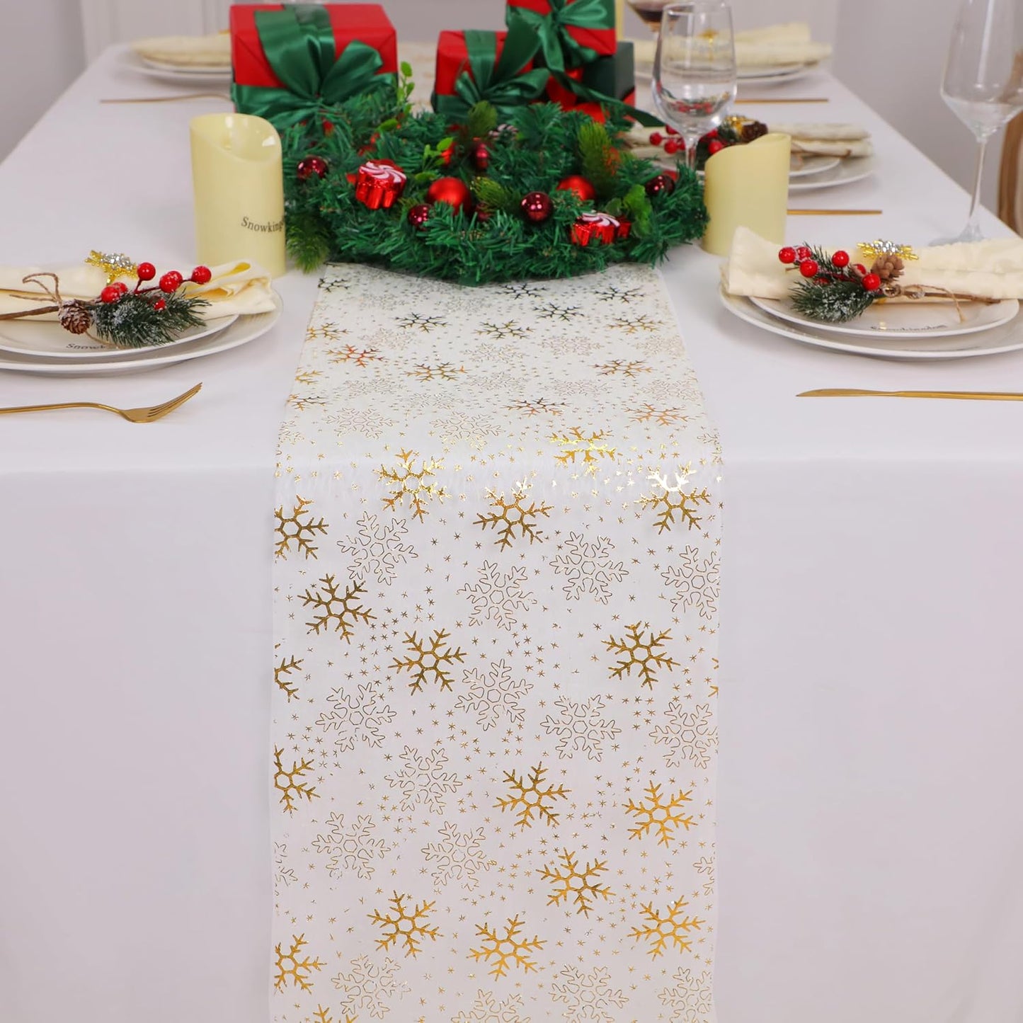Snowkingdom 2 Pieces Gold Table Runner, Sequin Glitter Foil Metallic Thin Mesh Runner Roll 11"x108", Gold Table Decorations for Event Party, Wedding, Birthday Party, Christmas