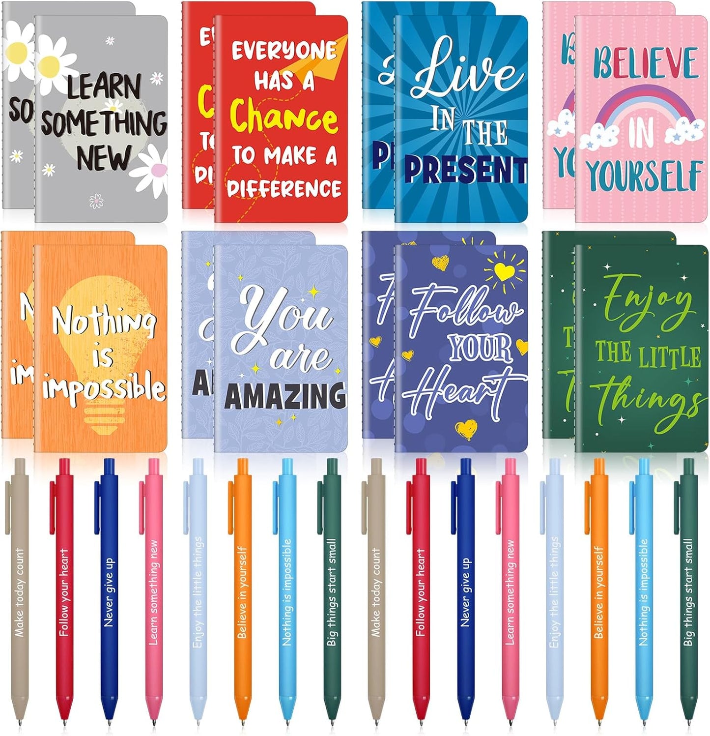 Funrous 32 Pcs Motivational Quote Pens Inspirational Notepads Mini Journal with Ballpoint Pen Small Notebooks Gift for Men Women Coworker Adult Party Favors Prize Teacher Student Office(Stylish)