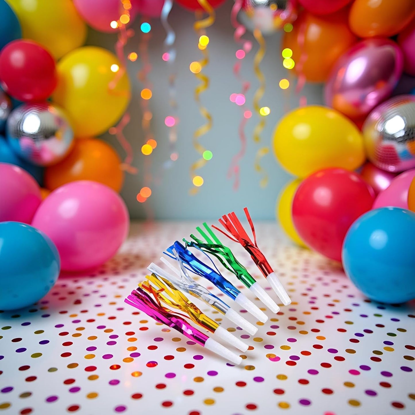 24 Pcs Random Color Metallic Noise Makers Party Blowouts Whistles Glitter Fringe Noisemaker Party Supplies Blowouts Children Toy for Sport Games