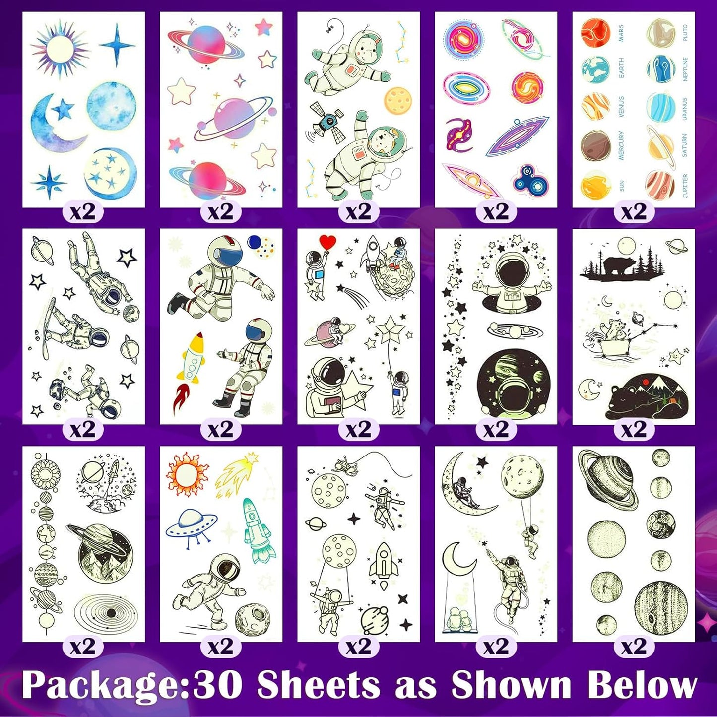 Partywind 380 Styles (30 Sheets) Luminous Tattoos for Kids, Mixed Styles Temporary Tattoos Stickers with Mermaid/Dinosaur/Space/Pirate for Boys and Girls, Glow Party Supplies