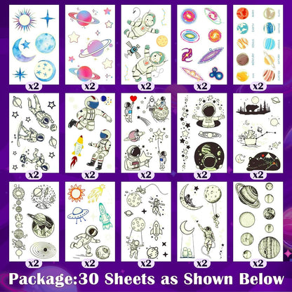 Partywind 380 Styles (30 Sheets) Luminous Tattoos for Kids, Mixed Styles Temporary Tattoos Stickers with Mermaid/Dinosaur/Space/Pirate for Boys and Girls, Glow Party Supplies