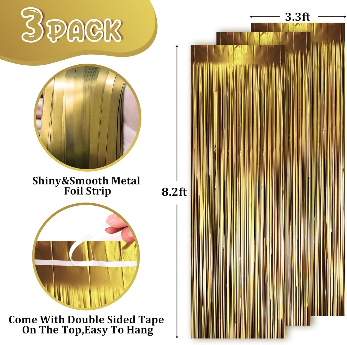 Voircoloria 3 Pack 3.3x8.2 Feet Gold Foil Fringe Backdrop Curtains, Tinsel Streamers, Fringe Backdrop for 2025 New Years Eve, Graduation, Birthday, Baby Shower, Gender Reveal, Disco Party - Colors B