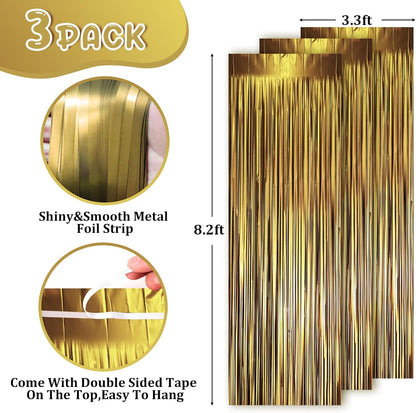 Voircoloria 3 Pack 3.3x8.2 Feet Gold Foil Fringe Backdrop Curtains, Tinsel Streamers, Fringe Backdrop for 2025 New Years Eve, Graduation, Birthday, Baby Shower, Gender Reveal, Disco Party - Colors B