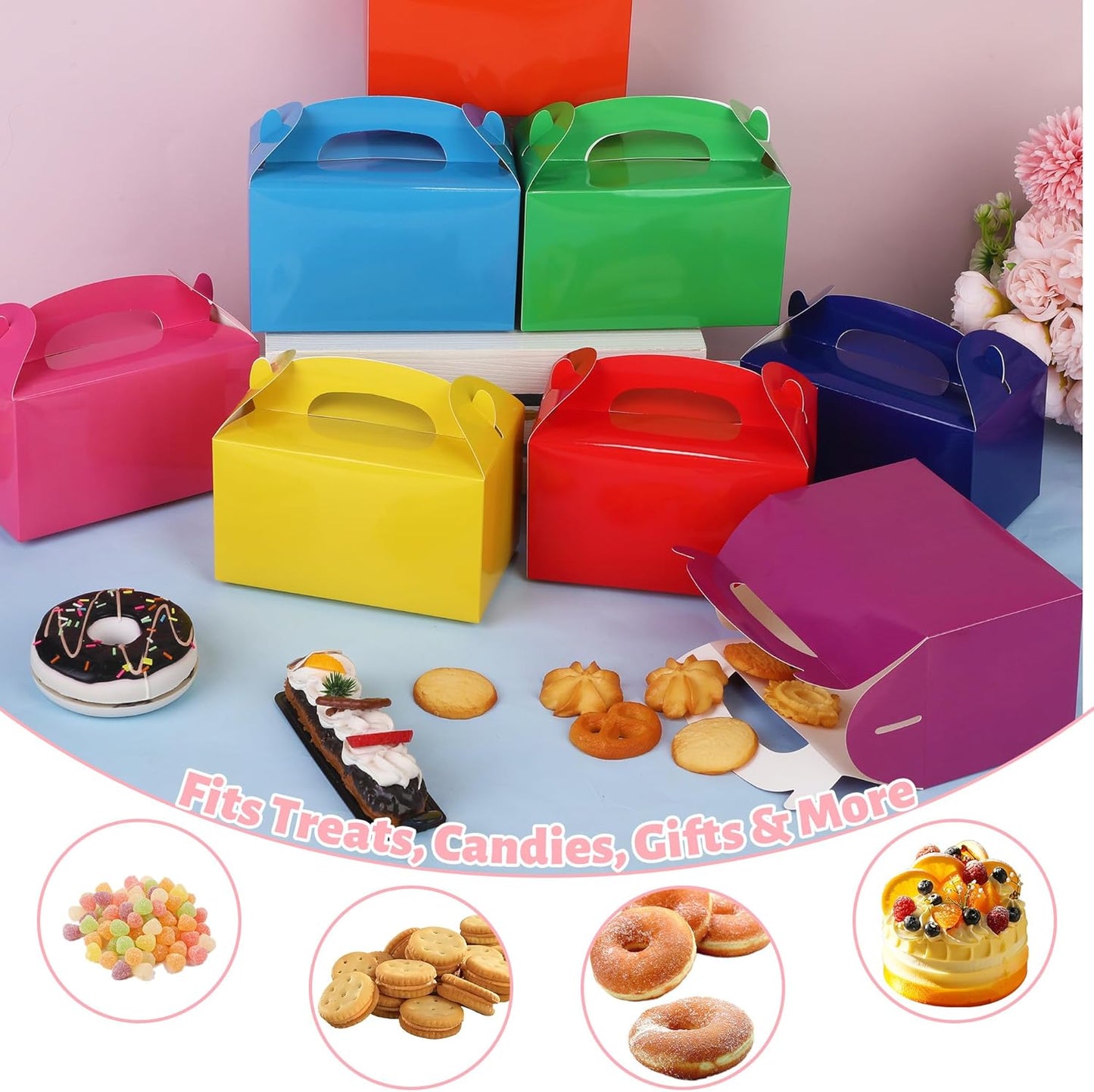 MIMIND 32 Pack Rainbow Party Favor Boxes Gable Treat Boxes with Handles 6 x 3.5 x 3.5 Inches Gift Birthday Goodie Boxes for Cookies Candies for Wedding Baby Shower Party Supplies
