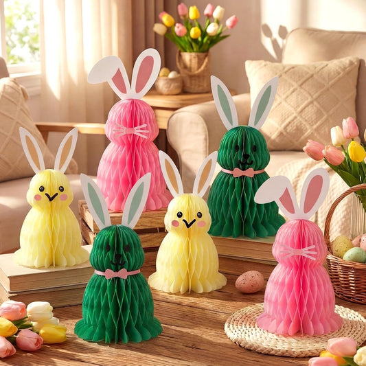 Fourluoo 6 Pcs Large Easter Bunny Honeycomb Centerpiece 2 Sizes Pastel Rabbit Table Ornament Colorful 3D Honeycomb Decoration for Spring Egg Hunt Bunny Themed Party