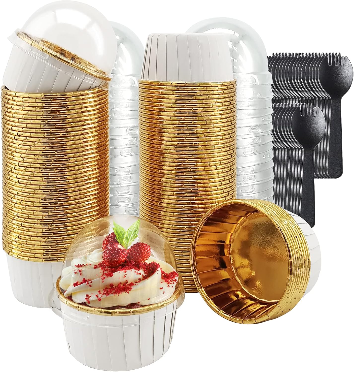 Cupcake Liners with Lids 50 Pack,LNYZQUS 5oz Large Foil Cupcake Cups Muffin Tins,Disposable Baking Cups Muffin Liners Wrappers Holders for Wedding Valentine-Pink in gold