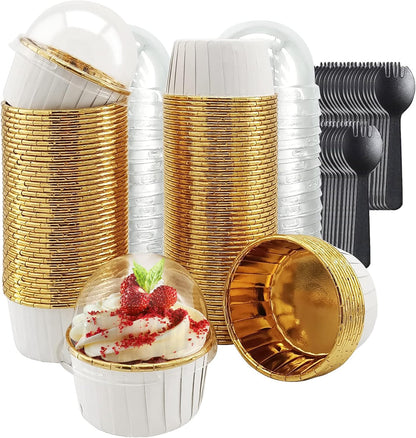 Cupcake Liners with Lids 50 Pack,LNYZQUS 5oz Large Foil Cupcake Cups Muffin Tins,Disposable Baking Cups Muffin Liners Wrappers Holders for Wedding Valentine-Pink in gold