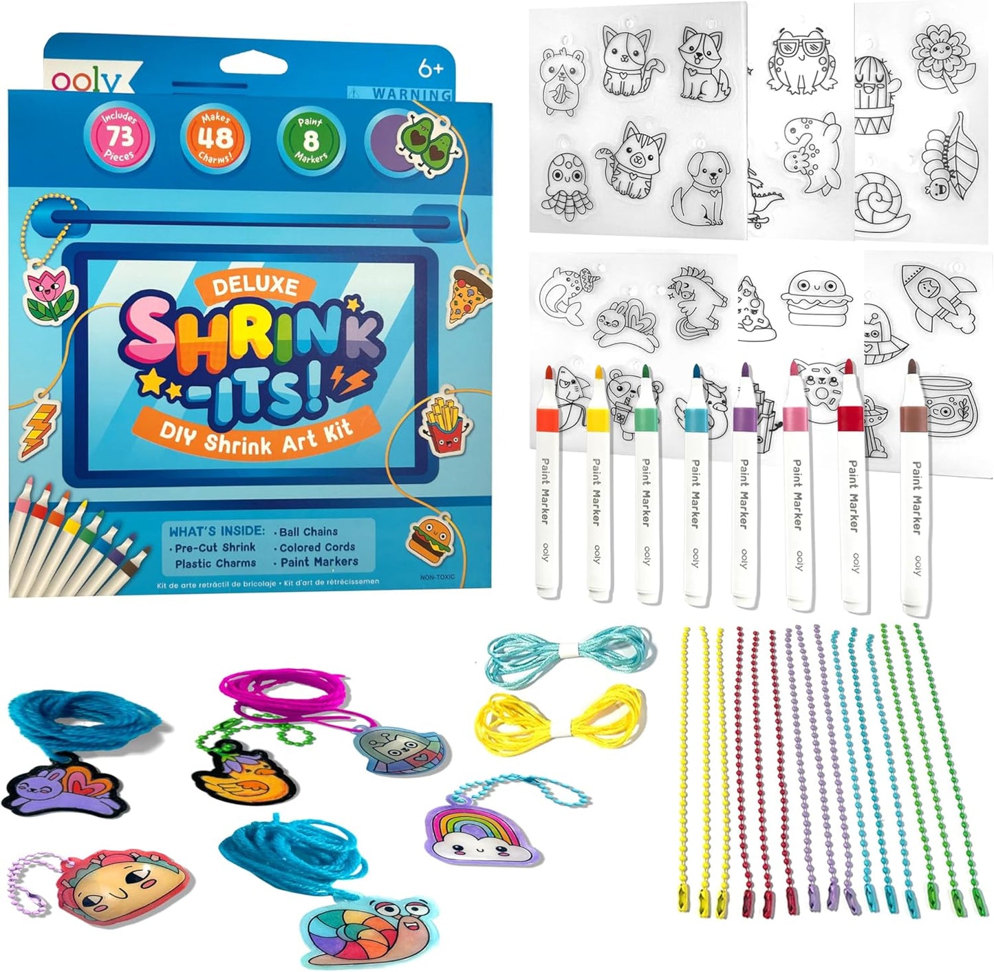 Ooly x Peanuts Snoopy 34 PC DIY Shrinking Art Kit for Kids with Markers, 20 Plastic Pre Cut Charms and More, No Mess Creative Activity Jewelry Making Kit