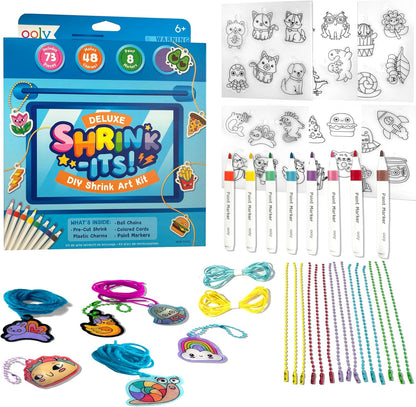 Ooly x Peanuts Snoopy 34 PC DIY Shrinking Art Kit for Kids with Markers, 20 Plastic Pre Cut Charms and More, No Mess Creative Activity Jewelry Making Kit