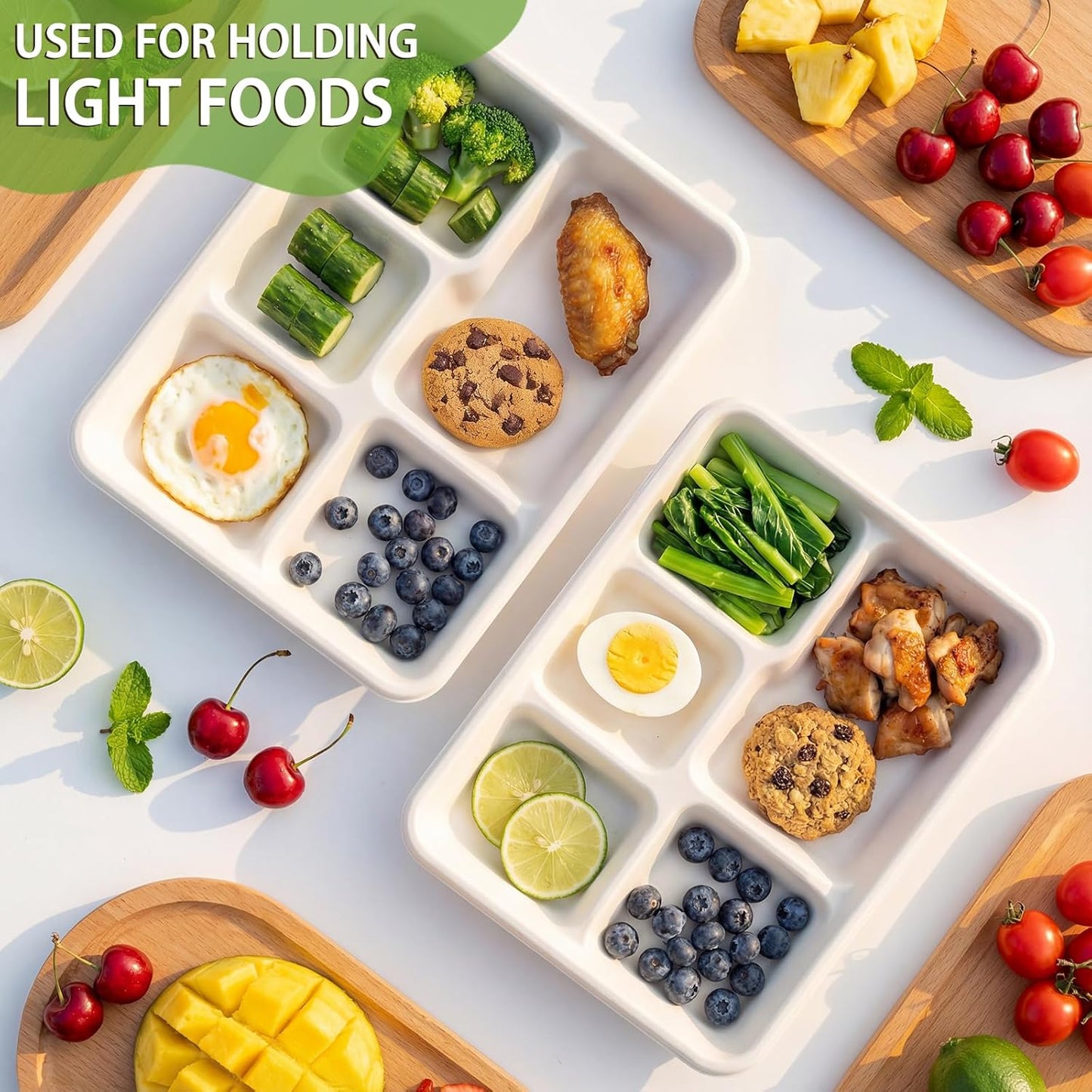 WELLIFE 100% Compostable 5 Compartment Paper Plates, 100 Pack Disposable School Lunch Trays Divided Plates for Adult Youth, 12.5 * 8.6 inch Heavy Duty Eco-Friendly Bagasse Plate for Buffet and Party
