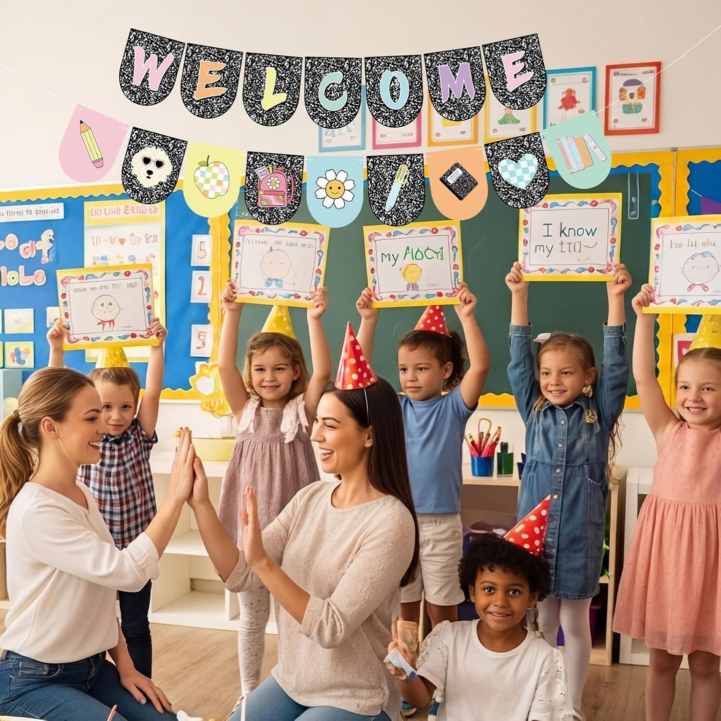 Welcome Back to School Banner, Composition Notebook Classroom Decor, First Day of School Banner Welcome Sign for Classroom Decorations Office Home Decor Party Supplies