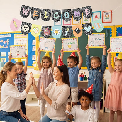 Welcome Back to School Banner, Composition Notebook Classroom Decor, First Day of School Banner Welcome Sign for Classroom Decorations Office Home Decor Party Supplies