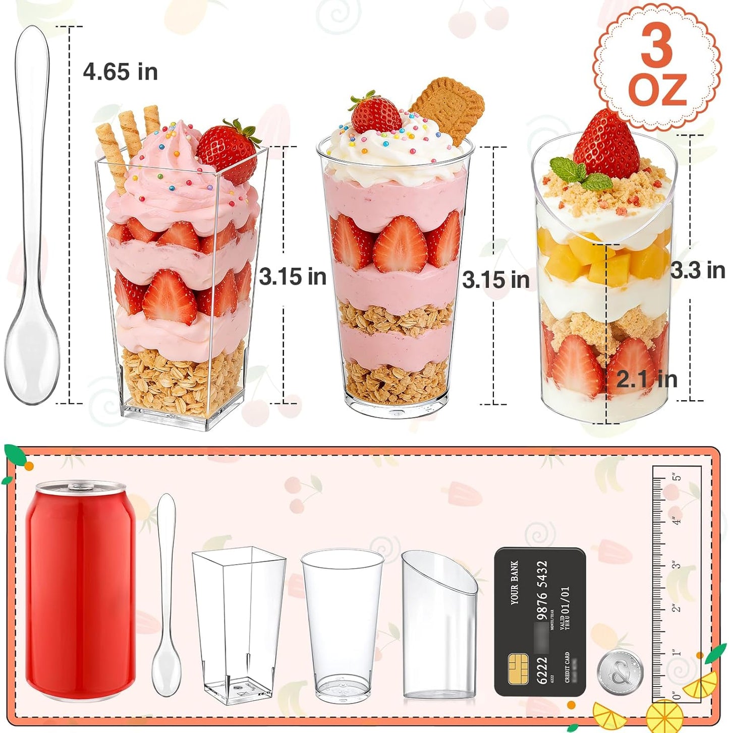 Eupako 3 oz Plastic Dessert Shooter Cups with Spoons - 100 Pack Mini Clear Slanted Appetizer Cup, Small Dessert Cup for Jello Shots, Parfait, Puddings, Mousse