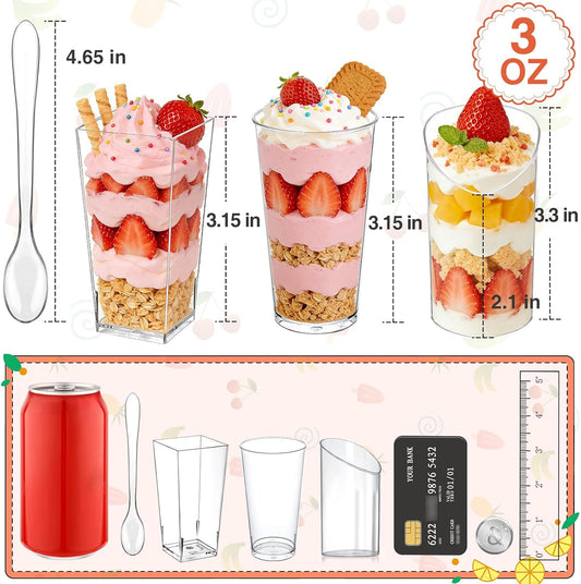 Eupako 3 oz Plastic Dessert Shooter Cups with Spoons - 100 Pack Mini Clear Slanted Appetizer Cup, Small Dessert Cup for Jello Shots, Parfait, Puddings, Mousse