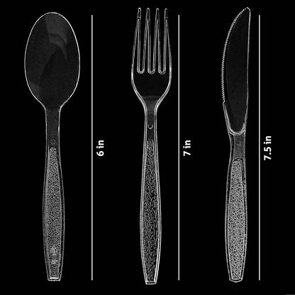 Heavy Weight Plastic Silverware Set - 200 Forks, 100 Knives, 100 Spoons - Disposable Cutlery Combo (Black)