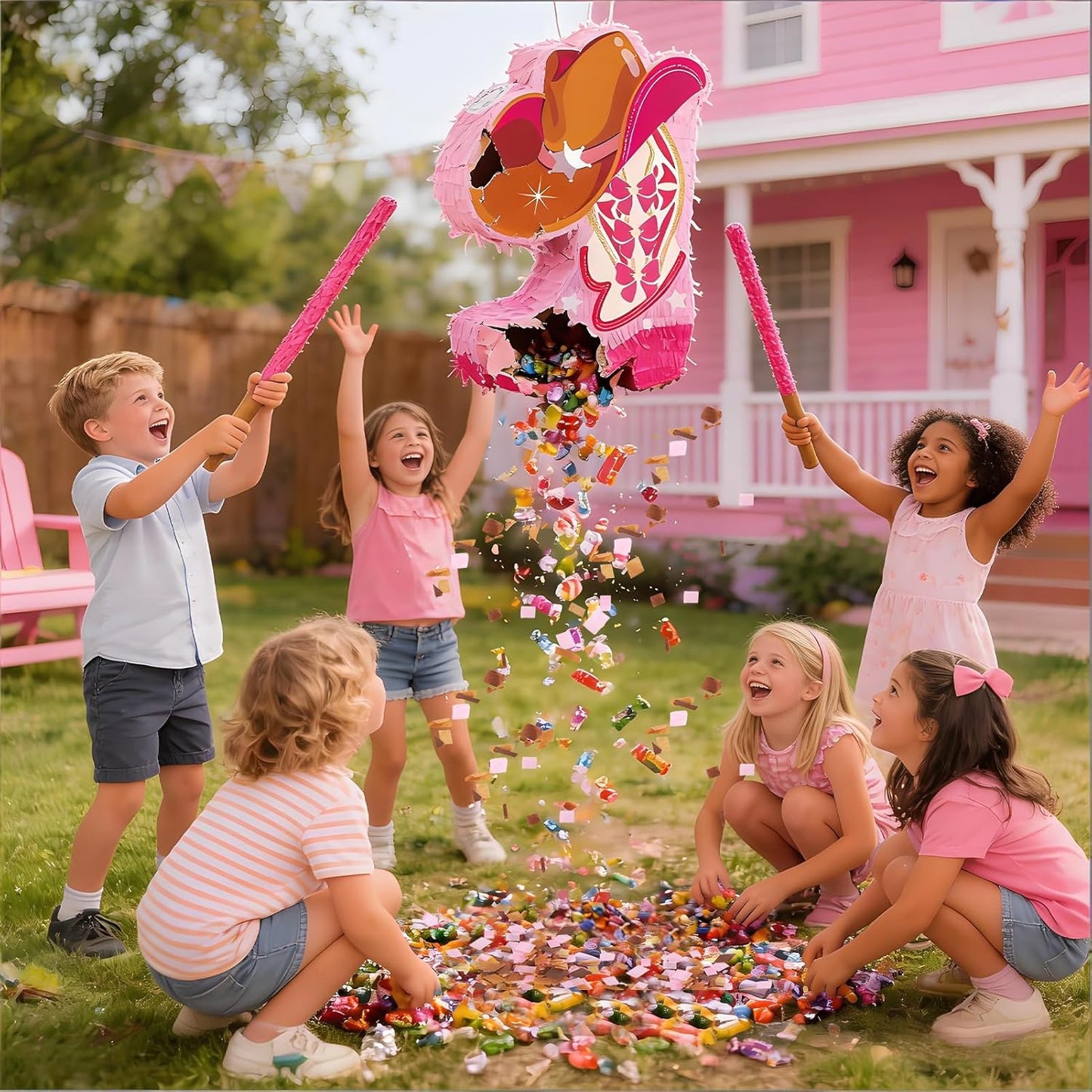 Pink Cowgirl Boot Piñata Set with Bat and Blindfold, 15.7 x 11 in Western Cowgirl Birthday Party Decorations, Girls Theme Party Piñata for Candy & Treats