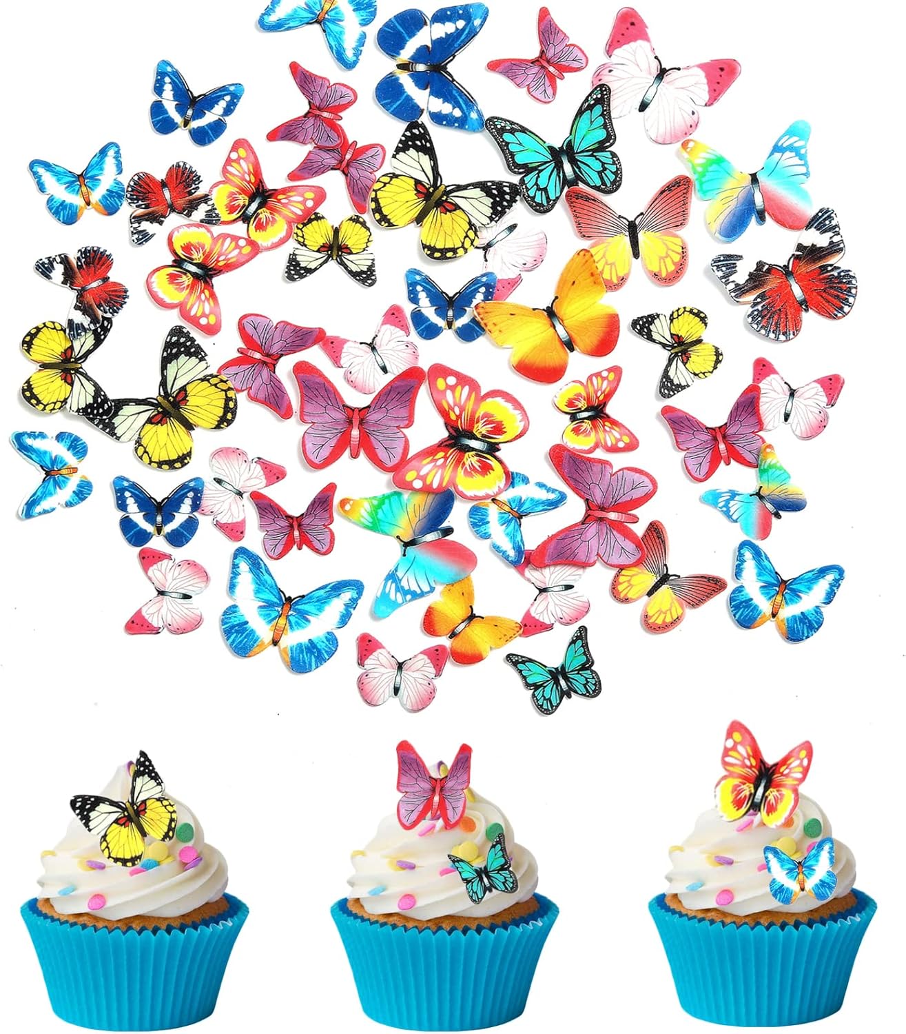 Weraru 58Pcs Edible Butterfly and Flowers Cake Topper Cupcake Toppers Wedding Themed Party Birthday Cake Decoration Mixed Size & Colour