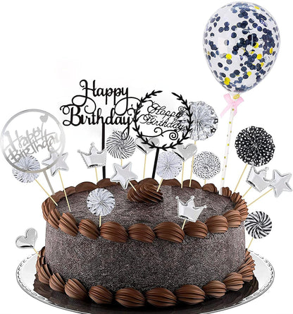 10 PCS Black Happy Birthday Cake Topper Acrylic Cupcake Topper A Series of Birthday Cake Supplies Decorations