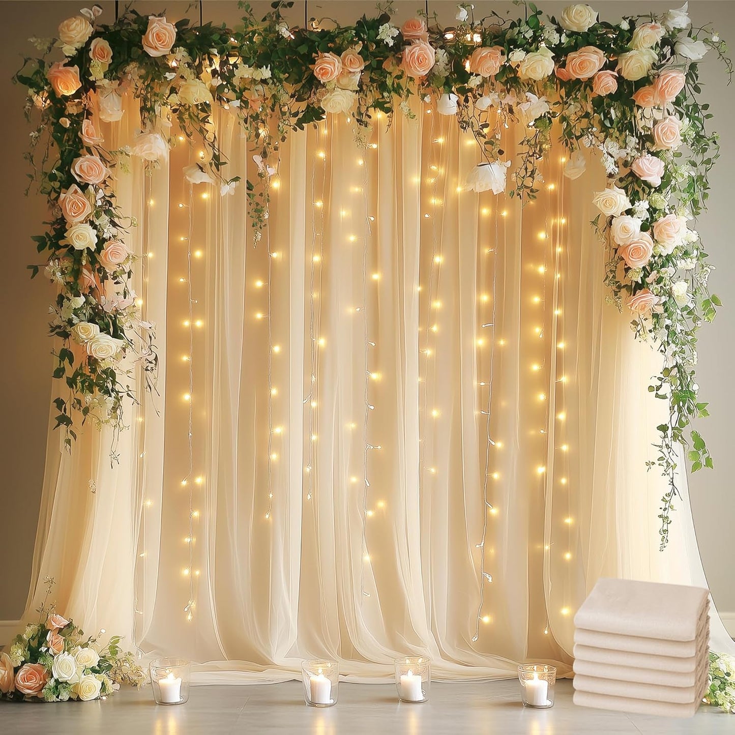 Fomcet Tulle Backdrop Curtains with Lights String White 10FT X 8FT Sheer Curtain with Lights Tulle Curtains Backdrop for Wedding Birthday Party Baby Shower Photo Shoot (2 Panels 5x8FT)