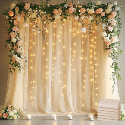 Fomcet Tulle Backdrop Curtains with Lights String White 10FT X 8FT Sheer Curtain with Lights Tulle Curtains Backdrop for Wedding Birthday Party Baby Shower Photo Shoot (2 Panels 5x8FT)
