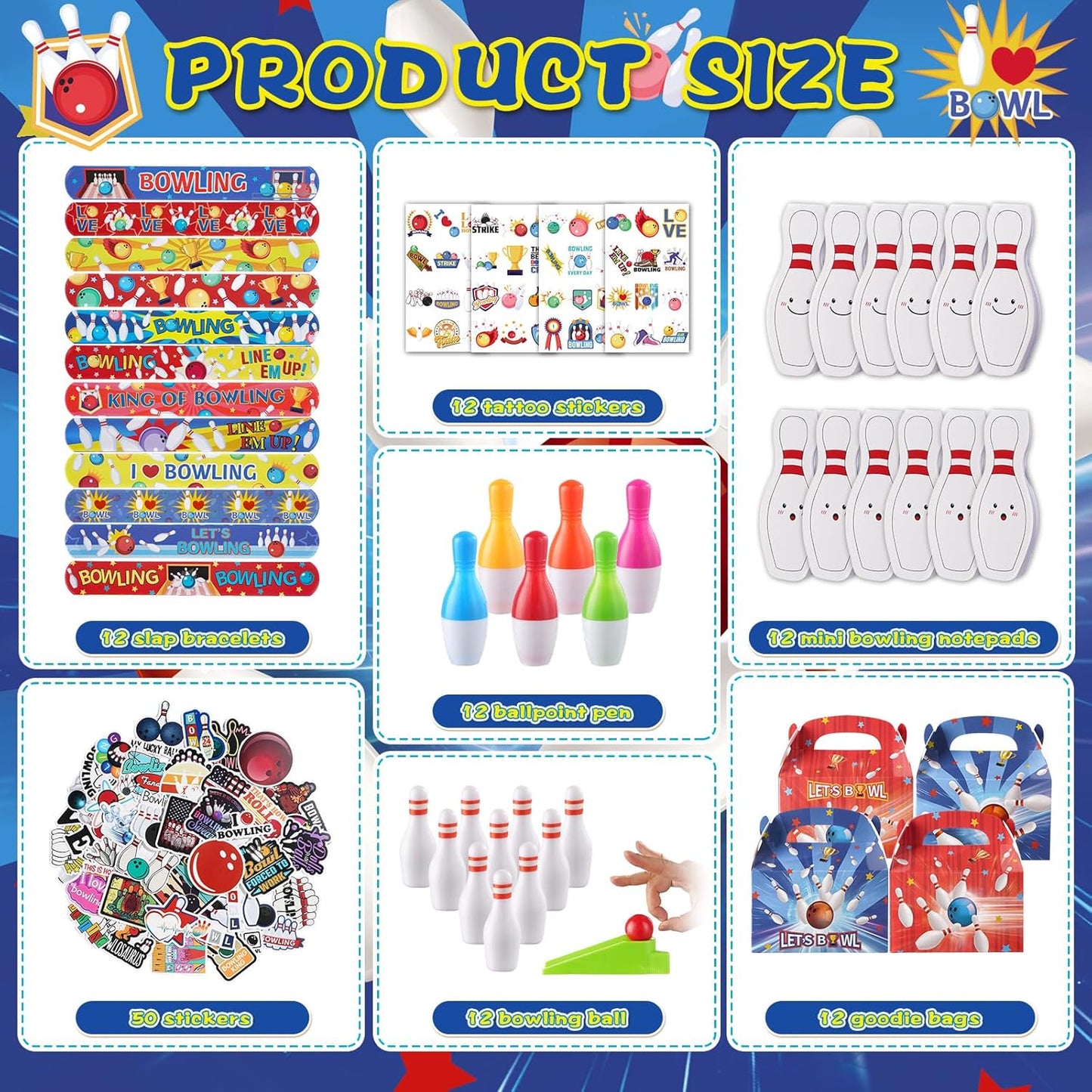 Vanblue 122 Pcs Bowling Party Favors Set Gift Birthday Decorations for Kids Classroom Rewards Mini Bowling Game Toy Set, Ballpoint Pen Goodie Bag Fillers and School Prizes