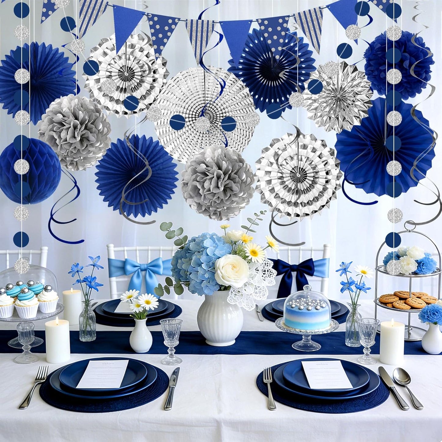 24PCS Patriotic Decorations 4th of July Decorations Set Red White Blue Hanging Paper Fans USA Flag Pennant Pom Poms Hanging Swirls Party Supplies for Memorial Day Independence Veterans