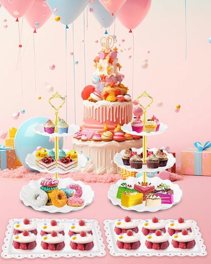 Hoedia 10 Pcs Cake Stand, Plastic Dessert Table Display Set, 4 Pcs 3 Tier Cupcake Stand Tower Holder and 6 Pcs Serving Tray for Tea Party Baby Shower Decorations
