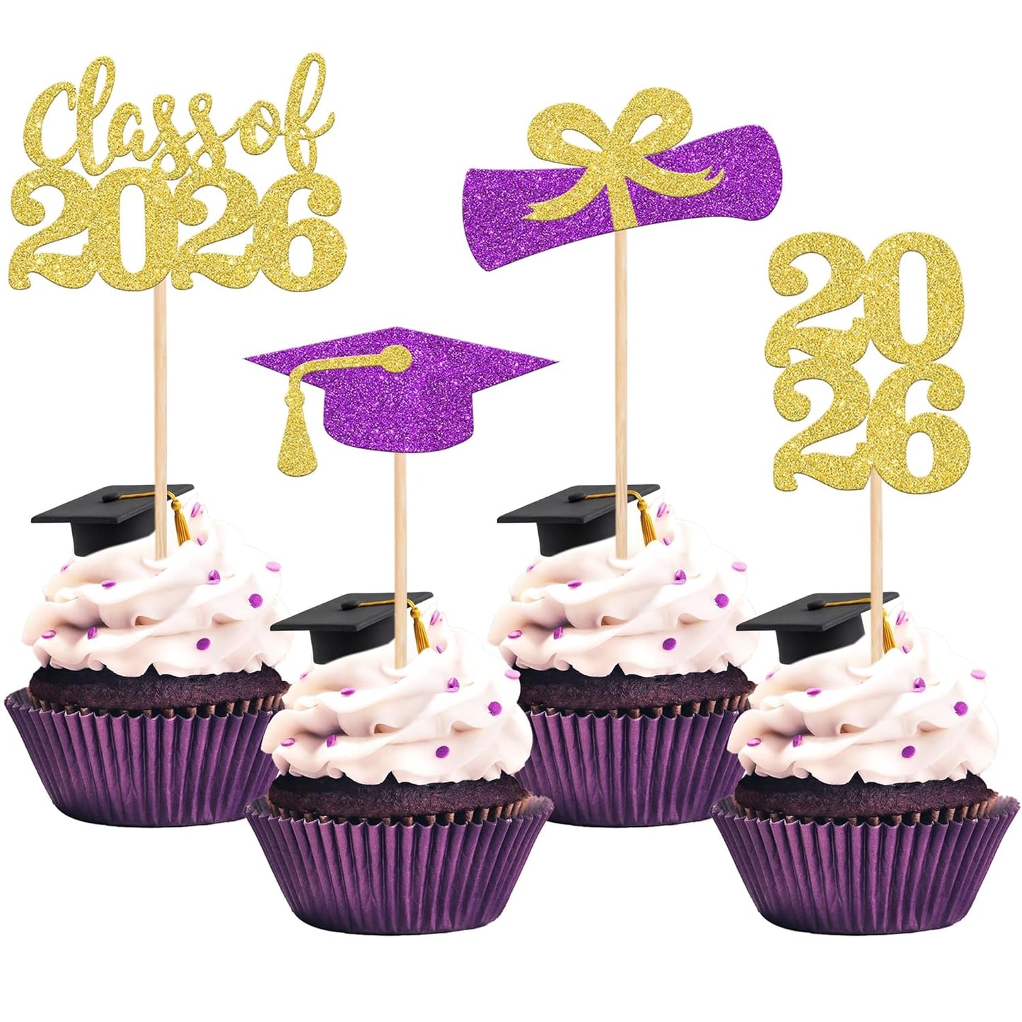 36 PCS 2026 Graduation Theme Cupcake Toppers Glitter Class of 2026 Grad Cap Diploma Cupcake Picks 2026 Graduation Theme Party Cake Decorations Supplies Deep Blue