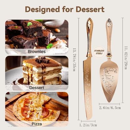 KSENDALO Wedding Cake Knife and Server Set, Rose Gold Serrated Knife Cake Cutting Set, Deluxe SUS304 Stainless Steel for Weddings, Birthdays & Anniversary (13.78inch Long)