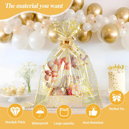 100 Pcs Star Printed 5"X 7" Gift Wrap Cello Cellophane Treat Bags Party Favor bags Clear Candy Cookie Bag Plastic Poly Goodie Storage Bag with Twist Ties for Bakery,Birthday, Wedding ,Party Decorations (Gold)