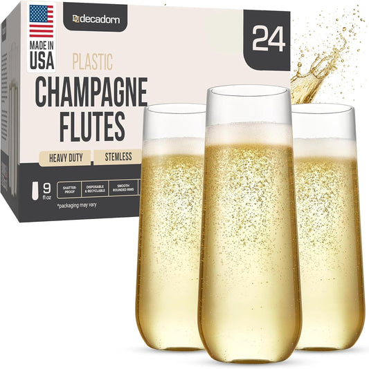DECADORN Clear Stemless Champagne Flutes Plastic 48 Pack, Made in USA, 9oz Plastic Champagne Glasses - Durable and Sturdy Mimosa Glasses For Parties - Shatterproof, Recyclable, BPA-Free, Smooth Rims