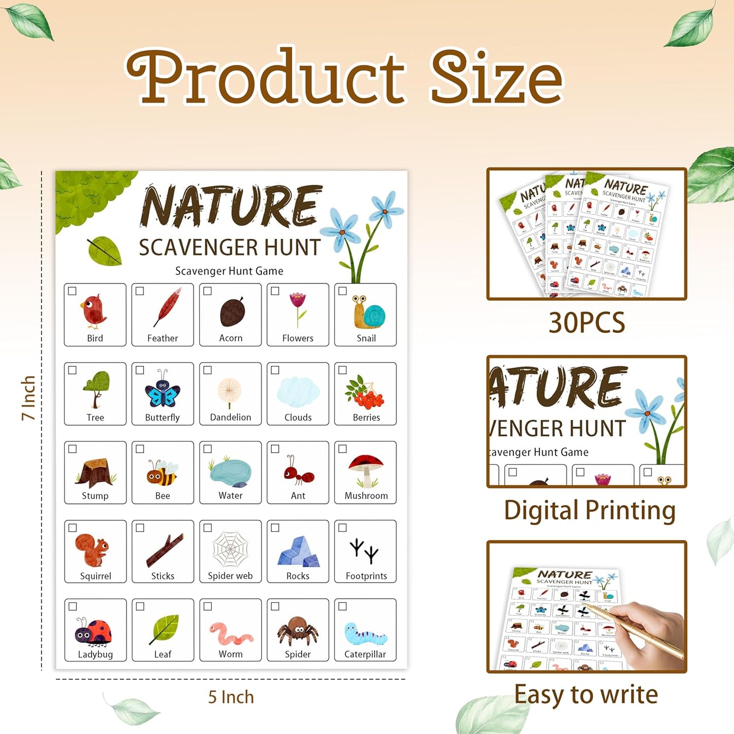 30Pcs Nature Scavenger Hunt Cards, Scavenger Hunt Cards Road Trip and Travel Activities, Spring Summer Holiday Party Supplies, Camping Games Outdoor Indoor Seek Activity-A03