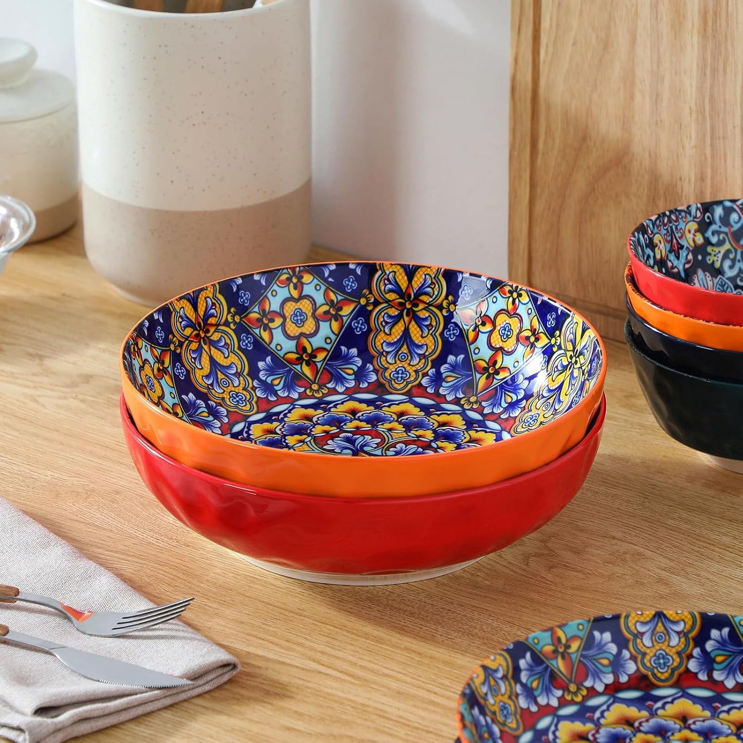 vancasso Large Serving Bowls, 78 Oz Extra Large Salad Bowls Set of 2, Bohemian Decorative Bowls for Salad, Fruit, Pasta and Dinner, Serving Dishes Set for Party, Dishwasher & Microwave Safe－Red